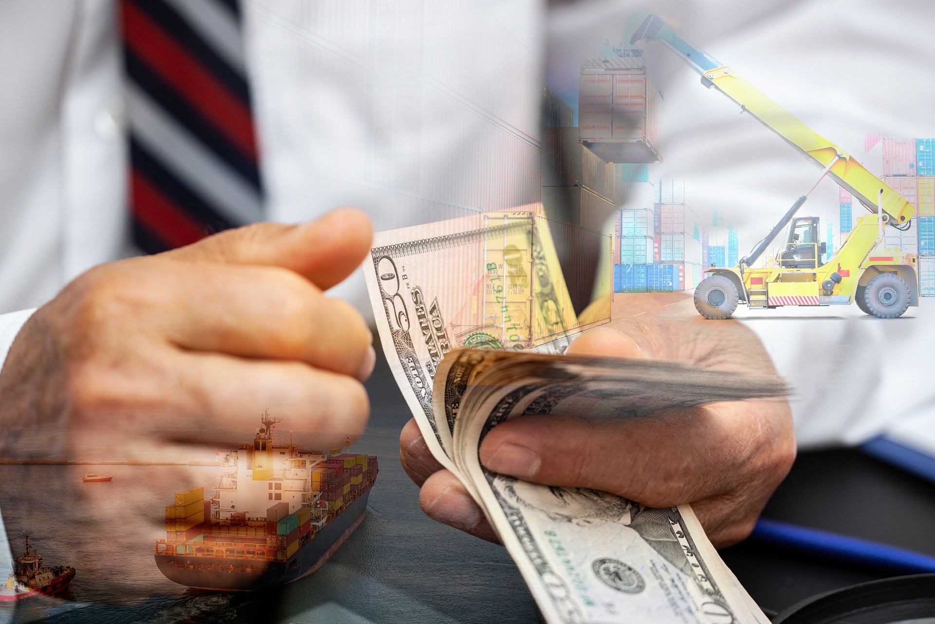 Global Business Network Distribution, Containers Logistics Transport Concept, Double Exposure of Freight Ship, forklift and airplane.